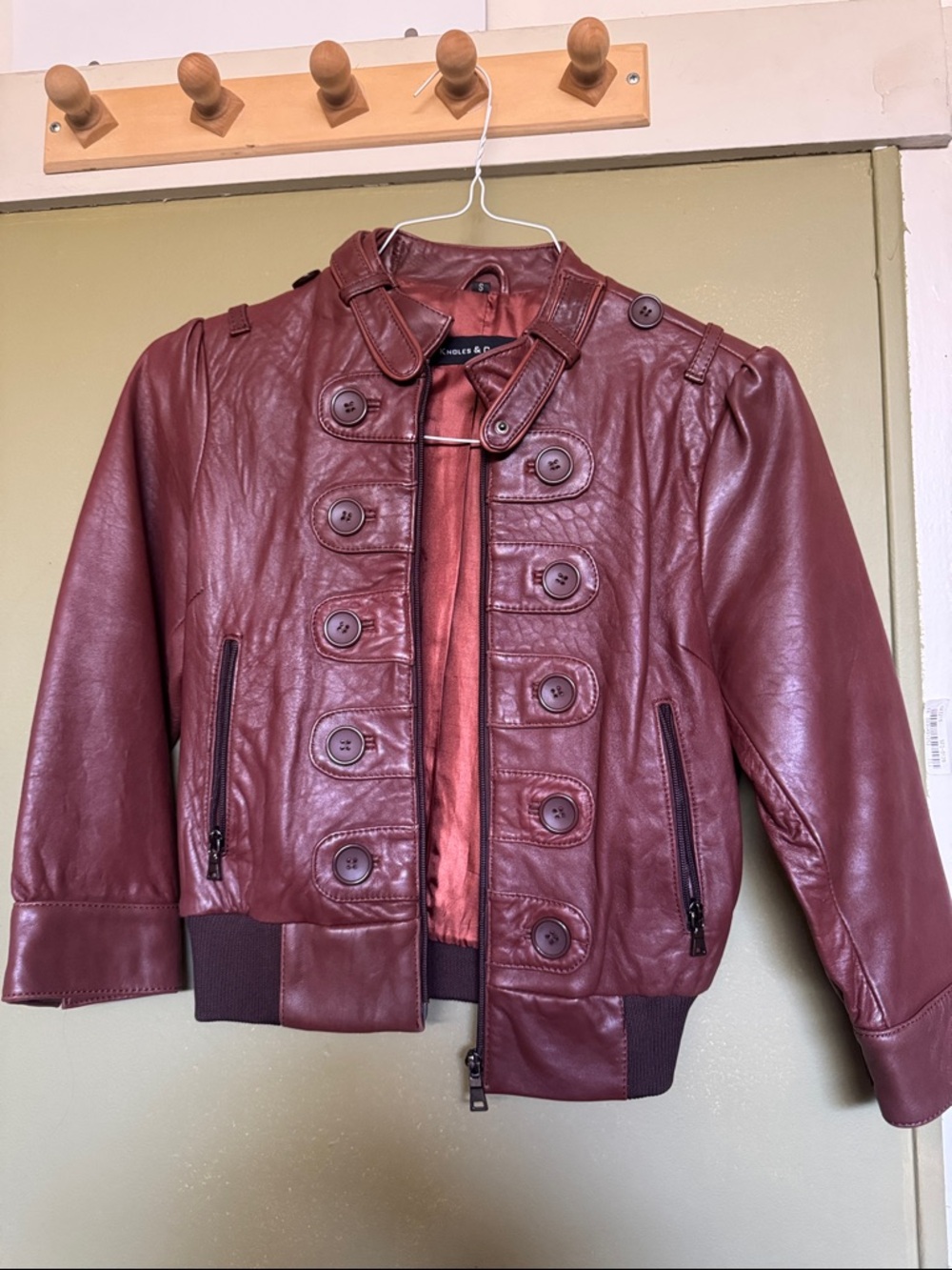 Burgundy Military-Style Leather Bomber Jacket